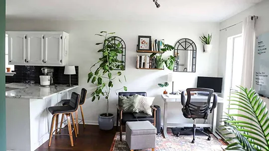 Home office and kitchen area remodeling with plants.